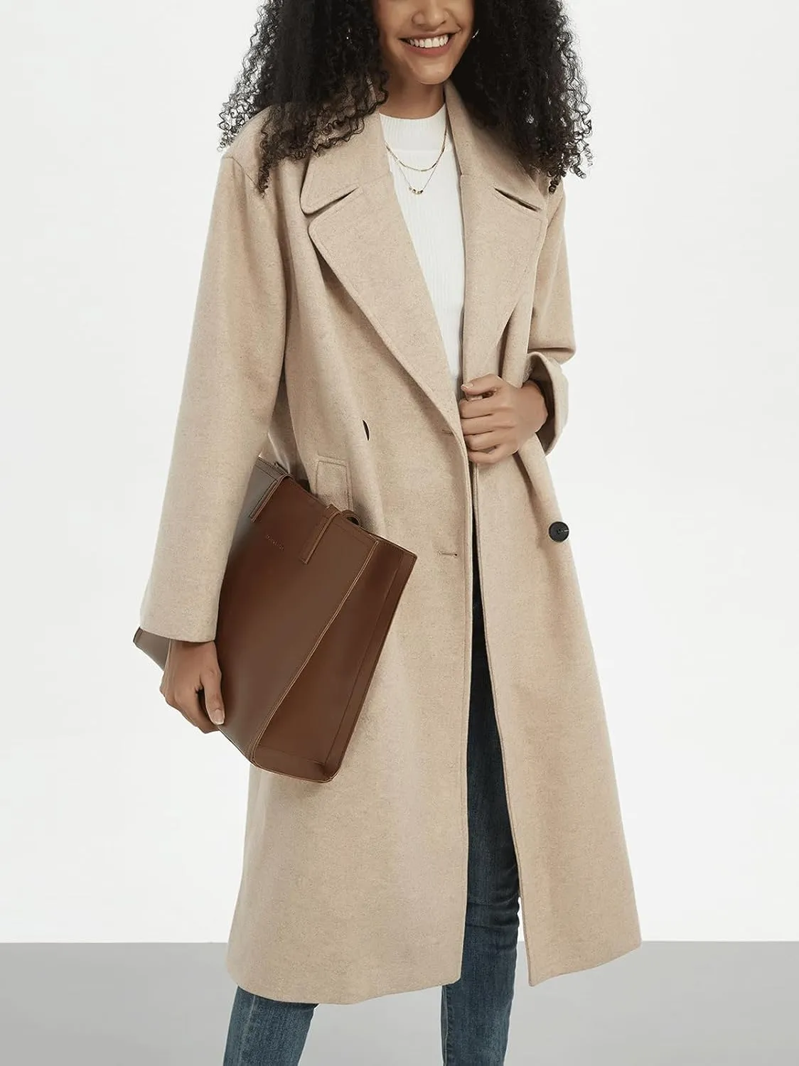CHARTOU Women's Winter Double Breasted Tweed Pea Coat Trench Oversized Notch Lapel Long Jacket Overcoat Warm