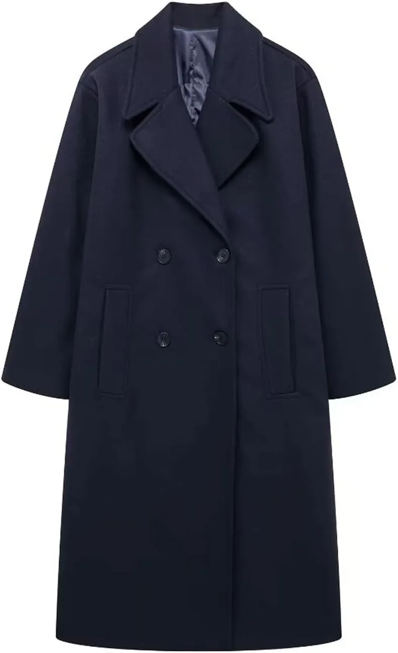 CHARTOU Women's Winter Double Breasted Tweed Pea Coat Trench Oversized Notch Lapel Long Jacket Overcoat Warm