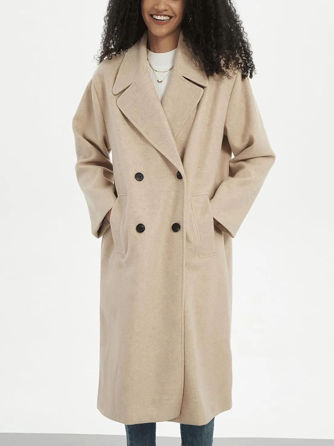 CHARTOU Women's Winter Double Breasted Tweed Pea Coat Trench Oversized Notch Lapel Long Jacket Overcoat Warm
