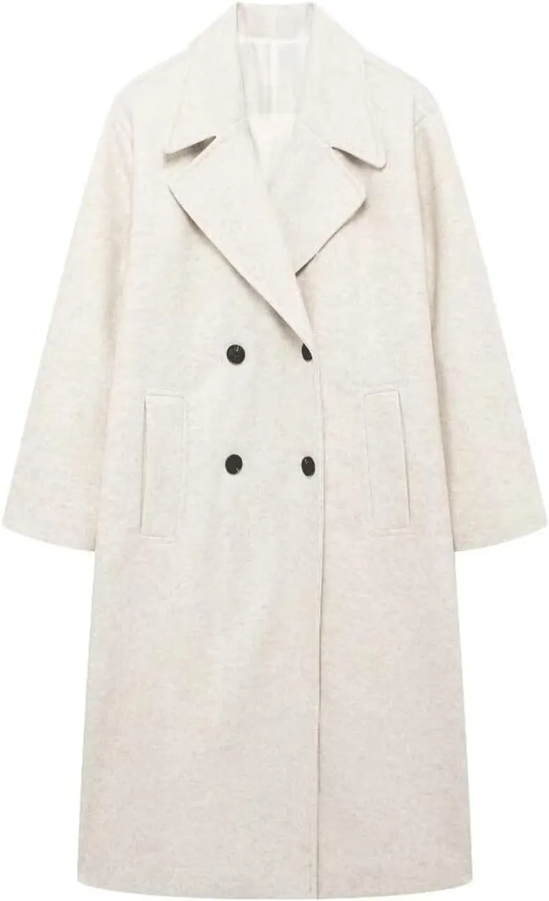 CHARTOU Women's Winter Double Breasted Tweed Pea Coat Trench Oversized Notch Lapel Long Jacket Overcoat Warm