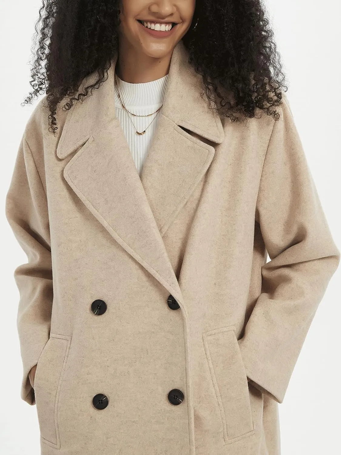 CHARTOU Women's Winter Double Breasted Tweed Pea Coat Trench Oversized Notch Lapel Long Jacket Overcoat Warm