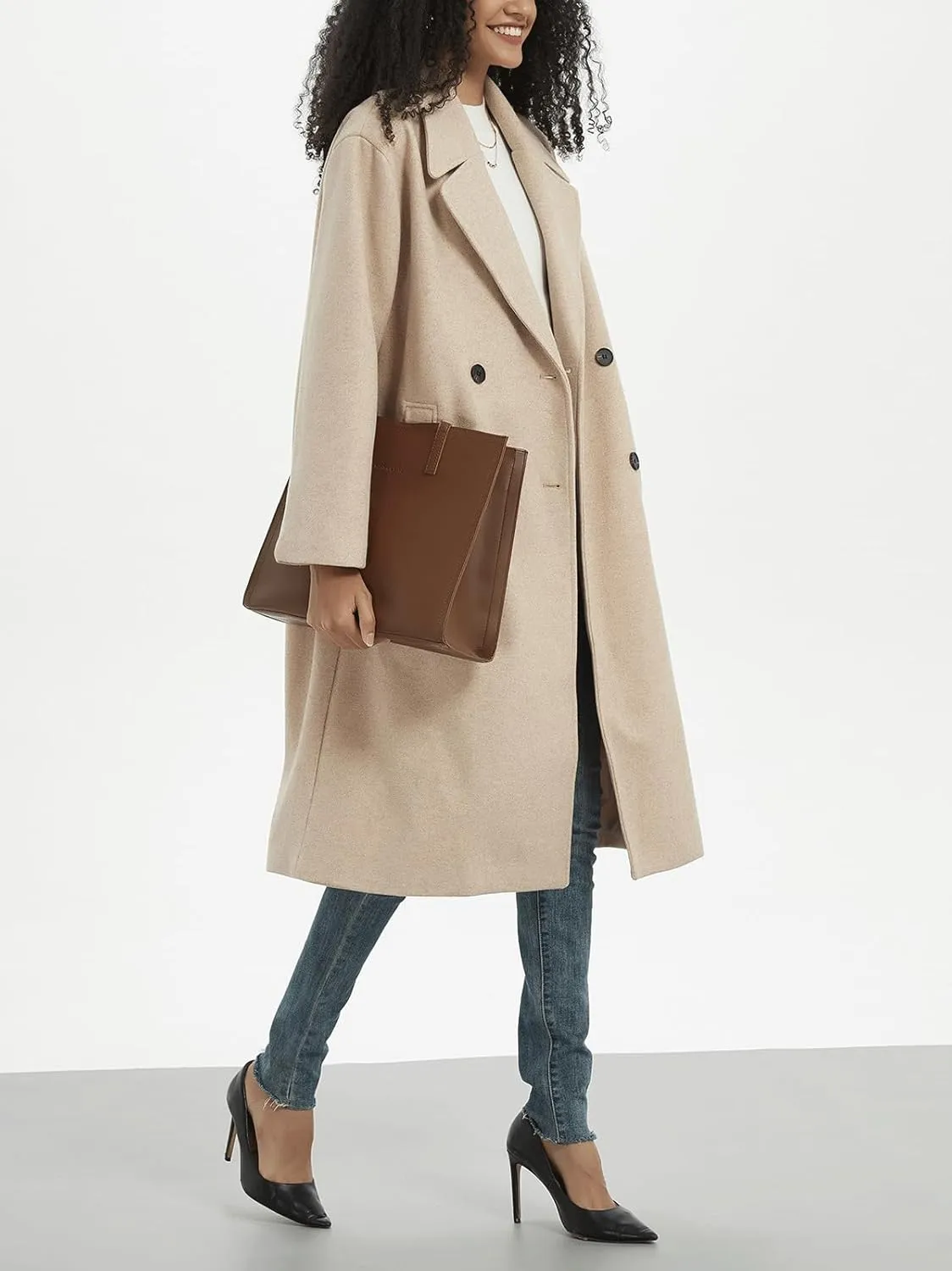CHARTOU Women's Winter Double Breasted Tweed Pea Coat Trench Oversized Notch Lapel Long Jacket Overcoat Warm