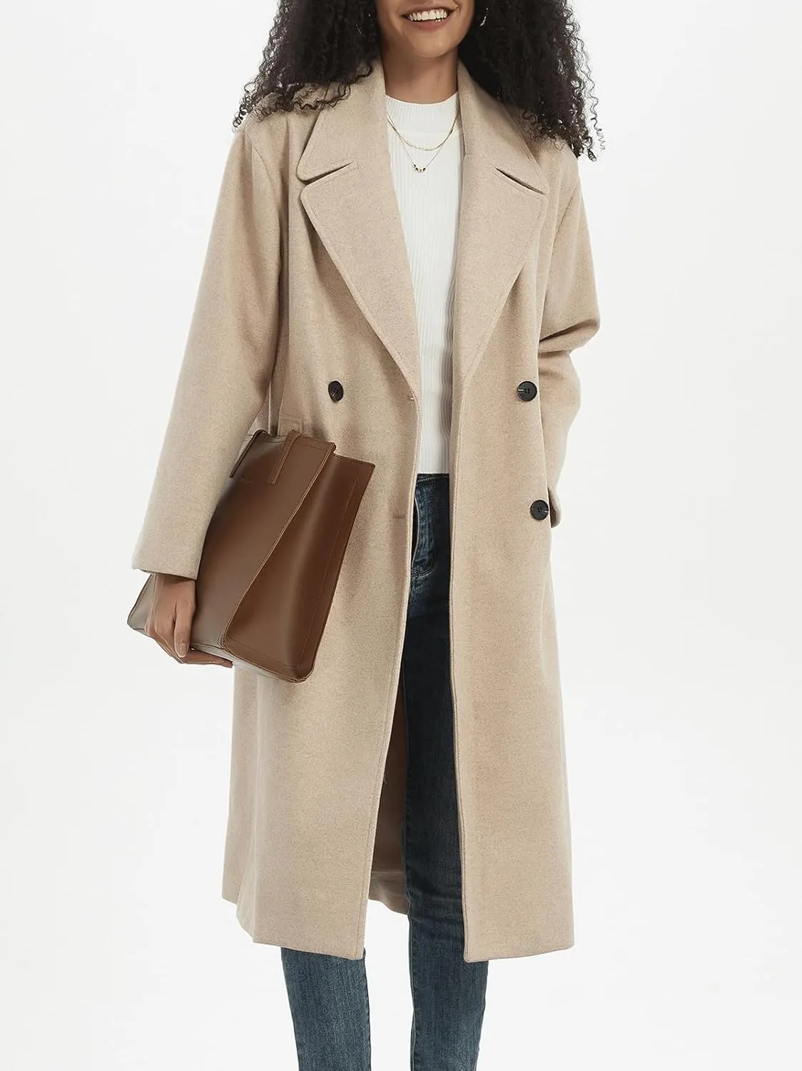 CHARTOU Women's Winter Double Breasted Tweed Pea Coat Trench Oversized Notch Lapel Long Jacket Overcoat Warm