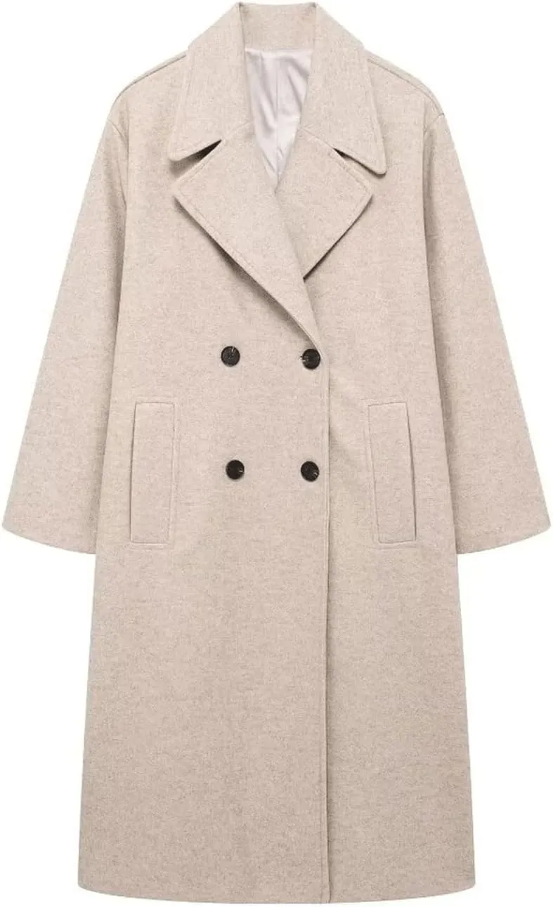 CHARTOU Women's Winter Double Breasted Tweed Pea Coat Trench Oversized Notch Lapel Long Jacket Overcoat Warm
