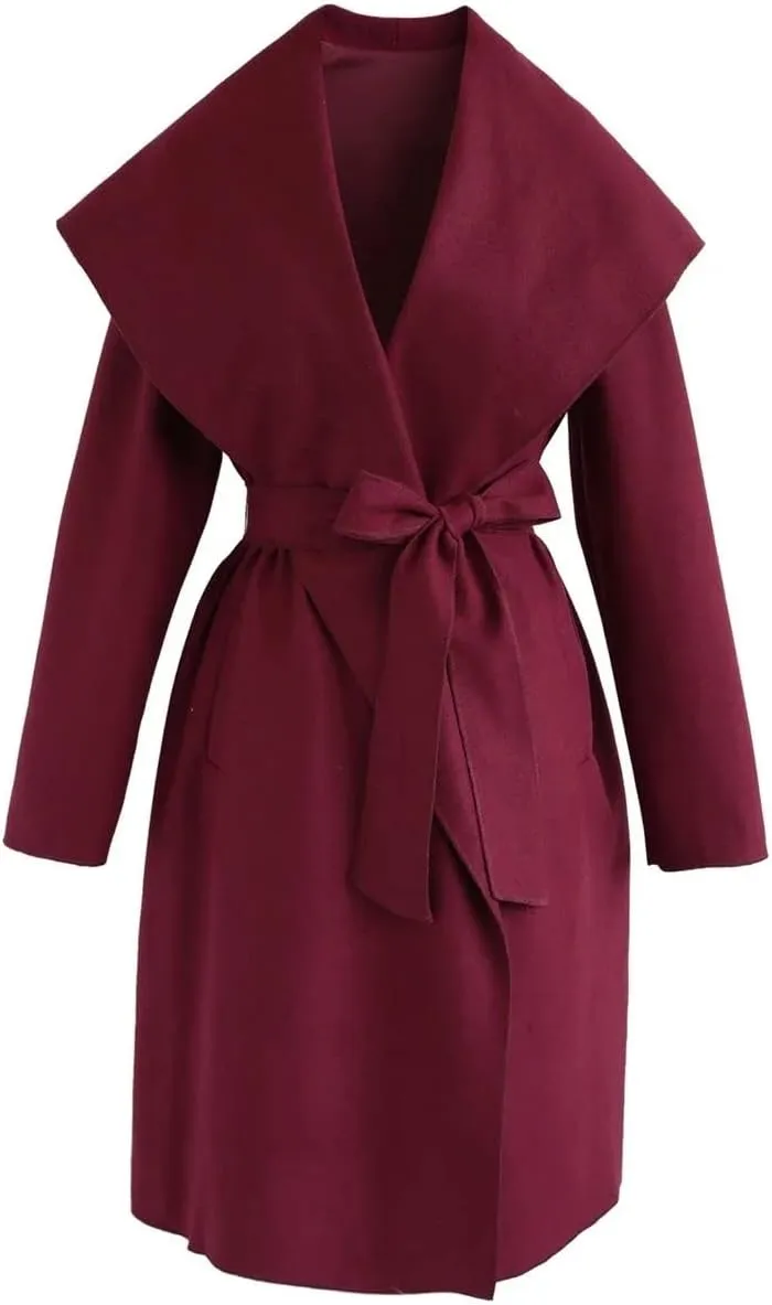 CHARTOU Women's Wool Blend Shawl Collar Cascade Front Belted Wrap Trench Coat