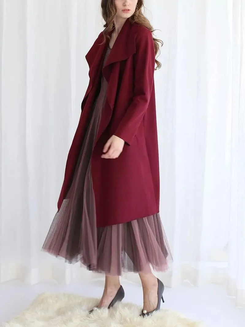 CHARTOU Women's Wool Blend Shawl Collar Cascade Front Belted Wrap Trench Coat