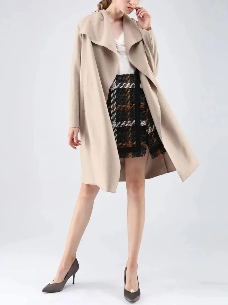 CHARTOU Women's Wool Blend Shawl Collar Cascade Front Belted Wrap Trench Coat