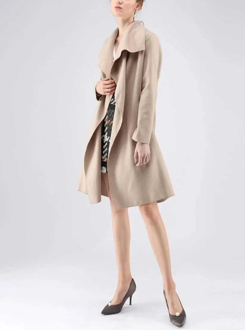 CHARTOU Women's Wool Blend Shawl Collar Cascade Front Belted Wrap Trench Coat