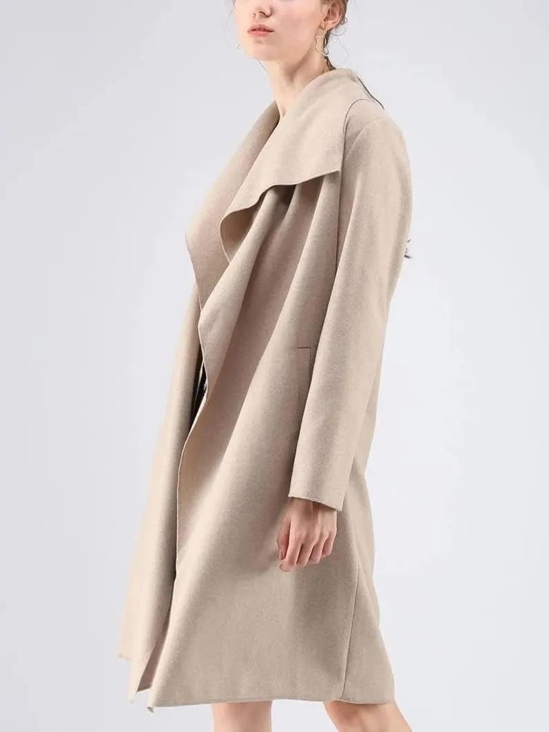 CHARTOU Women's Wool Blend Shawl Collar Cascade Front Belted Wrap Trench Coat