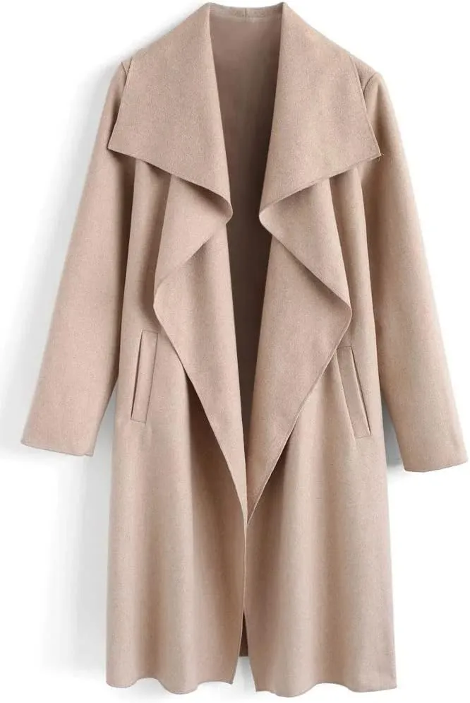 CHARTOU Women's Wool Blend Shawl Collar Cascade Front Belted Wrap Trench Coat
