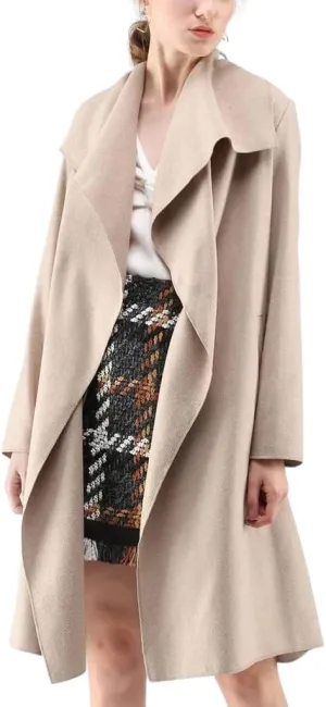 CHARTOU Women's Wool Blend Shawl Collar Cascade Front Belted Wrap Trench Coat