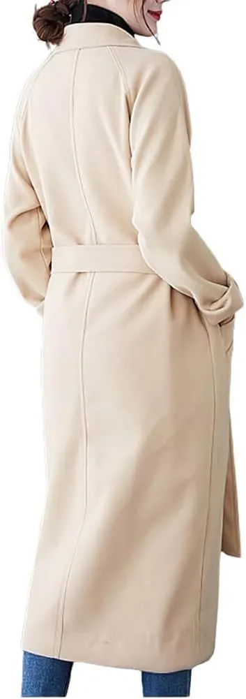 CHARTOU Women's Wool Blend Trench Coat Notched Lapel Double Breasted Wrap Overcoat with Belt