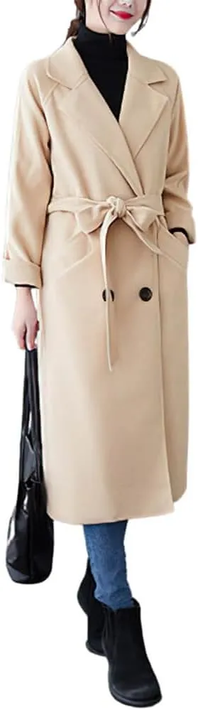 CHARTOU Women's Wool Blend Trench Coat Notched Lapel Double Breasted Wrap Overcoat with Belt