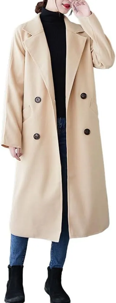 CHARTOU Women's Wool Blend Trench Coat Notched Lapel Double Breasted Wrap Overcoat with Belt