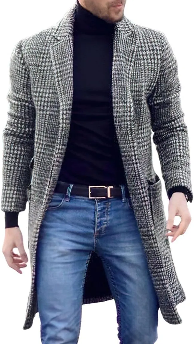 chouyatou Men's Casual Lapel Collar Wool Trench Coat Plaid Single Breasted Wool Blend Pea Coat with Pockets