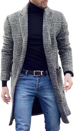 chouyatou Men's Casual Lapel Collar Wool Trench Coat Plaid Single Breasted Wool Blend Pea Coat with Pockets
