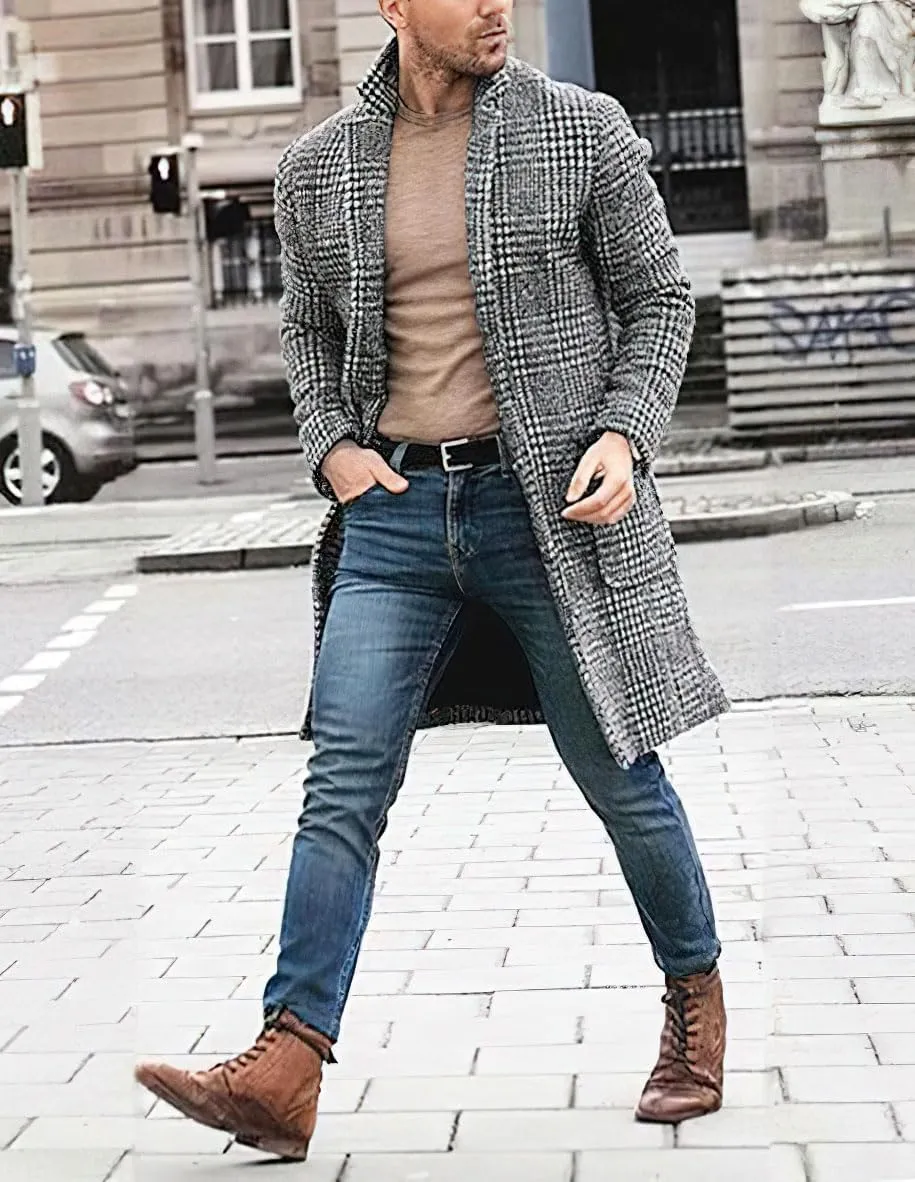 chouyatou Men's Casual Lapel Collar Wool Trench Coat Plaid Single Breasted Wool Blend Pea Coat with Pockets