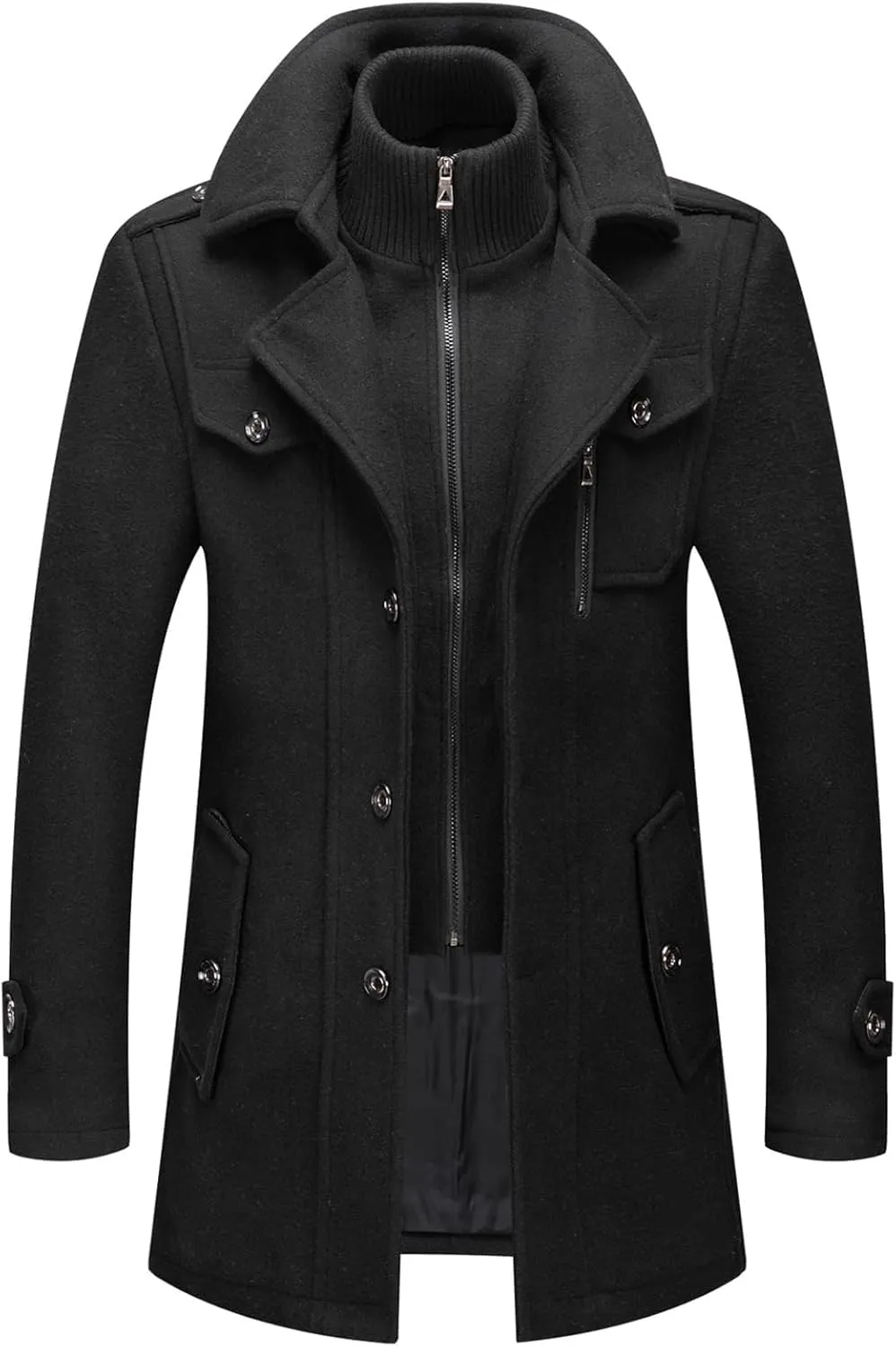 chouyatou Men's Gentle Layered Collar Single Breasted Quilted Lined Wool Blend Pea Coats