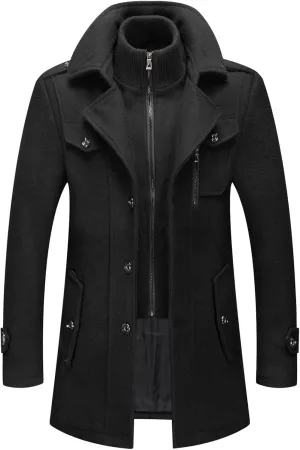 chouyatou Men's Gentle Layered Collar Single Breasted Quilted Lined Wool Blend Pea Coats