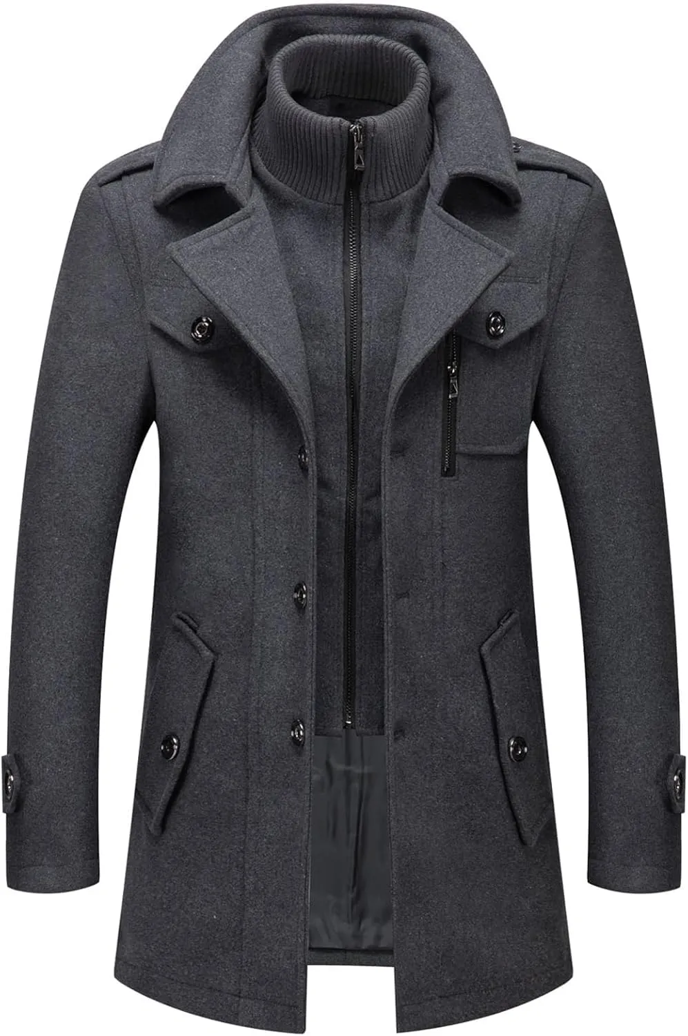 chouyatou Men's Gentle Layered Collar Single Breasted Quilted Lined Wool Blend Pea Coats