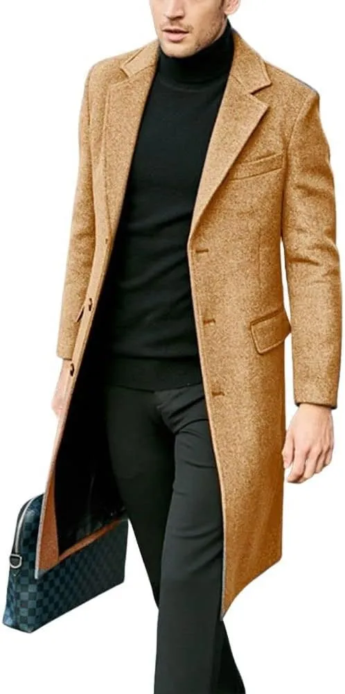 chouyatou Men's Notched Lapel Single Breasted Business Office Wool Trench Coat Overcoat