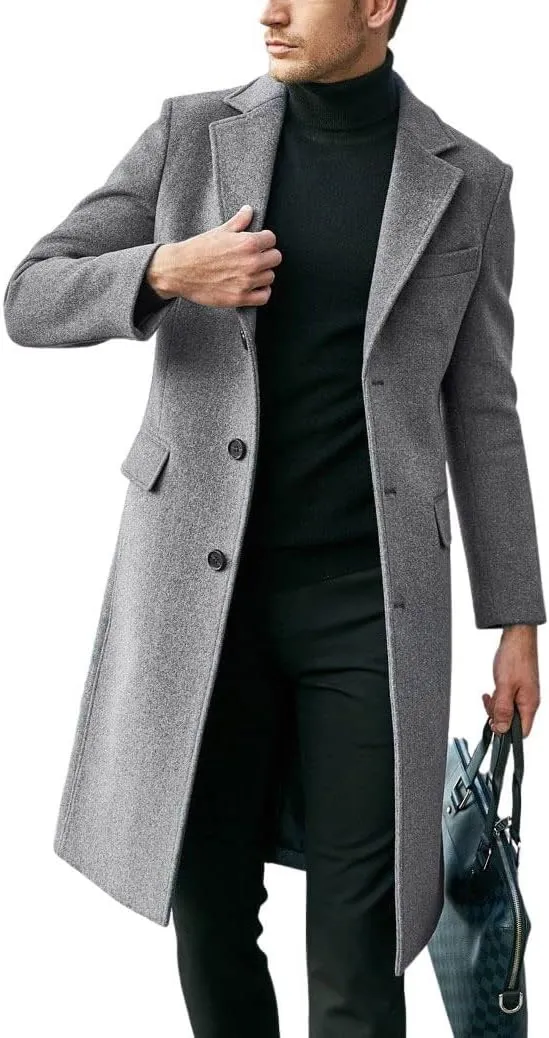 chouyatou Men's Notched Lapel Single Breasted Business Office Wool Trench Coat Overcoat