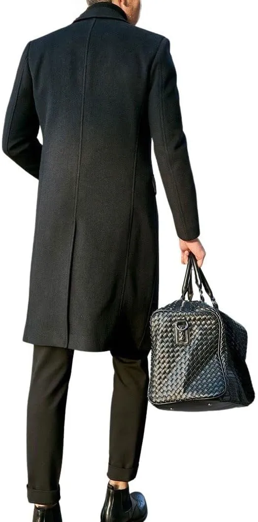 chouyatou Men's Notched Lapel Single Breasted Business Office Wool Trench Coat Overcoat