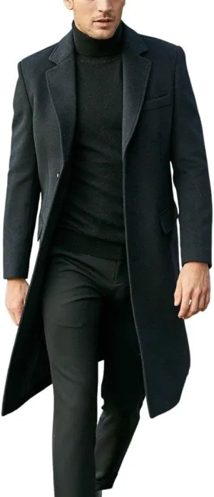 chouyatou Men's Notched Lapel Single Breasted Business Office Wool Trench Coat Overcoat
