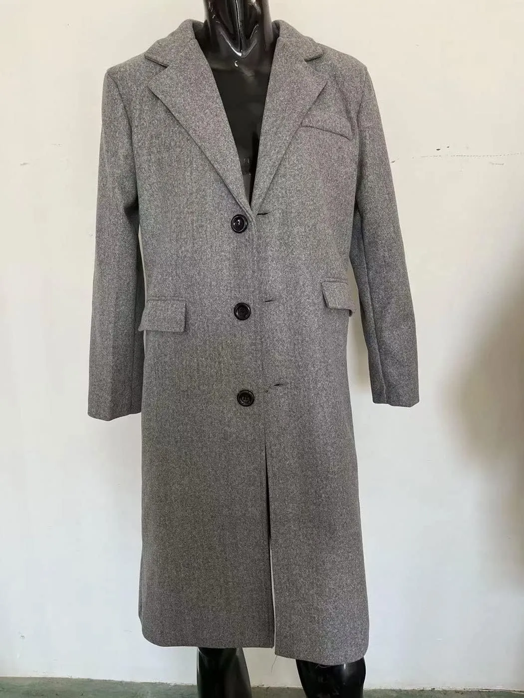 chouyatou Men's Notched Lapel Single Breasted Business Office Wool Trench Coat Overcoat