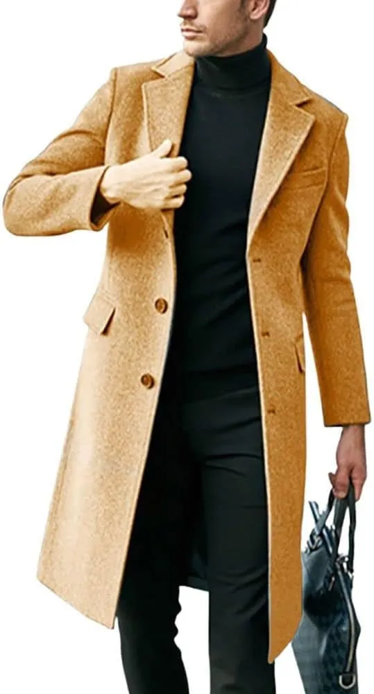 chouyatou Men's Notched Lapel Single Breasted Business Office Wool Trench Coat Overcoat
