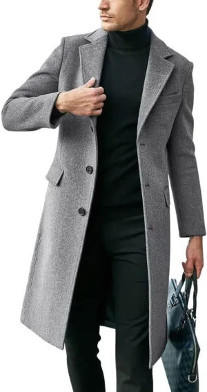 chouyatou Men's Notched Lapel Single Breasted Business Office Wool Trench Coat Overcoat