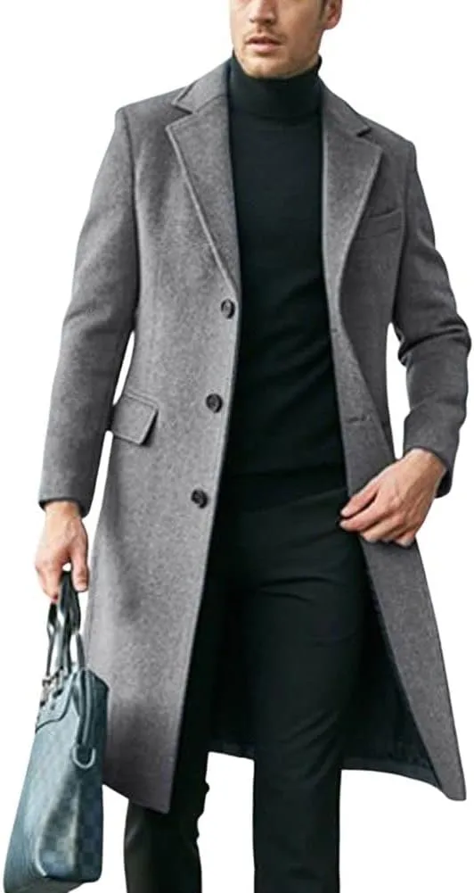 chouyatou Men's Notched Lapel Single Breasted Business Office Wool Trench Coat Overcoat
