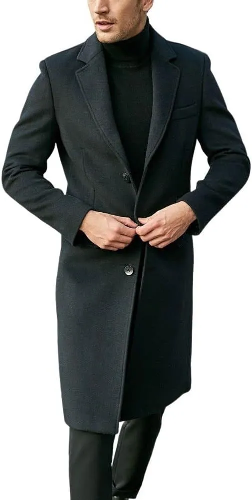 chouyatou Men's Notched Lapel Single Breasted Business Office Wool Trench Coat Overcoat