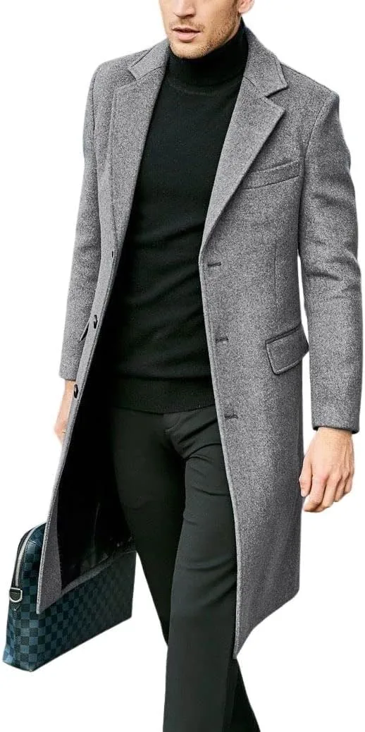 chouyatou Men's Notched Lapel Single Breasted Business Office Wool Trench Coat Overcoat