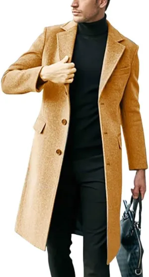 chouyatou Men's Notched Lapel Single Breasted Business Office Wool Trench Coat Overcoat