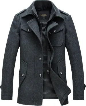 chouyatou Men's Stand Collar Wool-Blend Classic Pea Coat with Removable Inner Collar