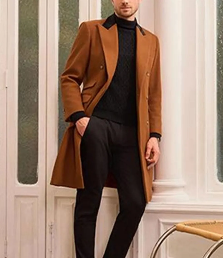 chouyatou Men's Winter Contrast Lapel Collar Wool Coat Double Breasted Wool Blend Trench Pea Coat Overcoat