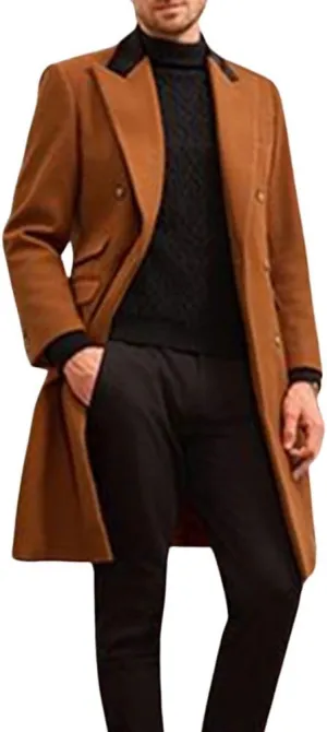 chouyatou Men's Winter Contrast Lapel Collar Wool Coat Double Breasted Wool Blend Trench Pea Coat Overcoat