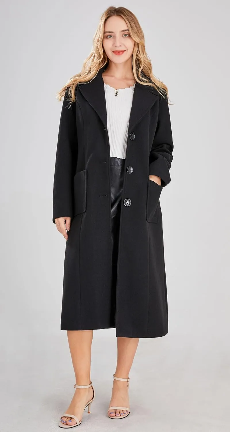 chouyatou Women's Big Notch Lapel Single Breasted Mid-Long Wool Blend Coat