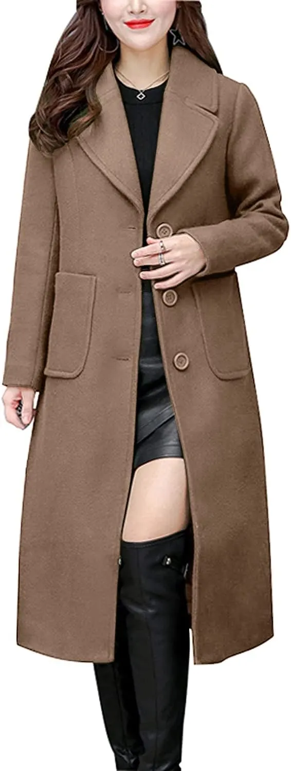chouyatou Women's Big Notch Lapel Single Breasted Mid-Long Wool Blend Coat