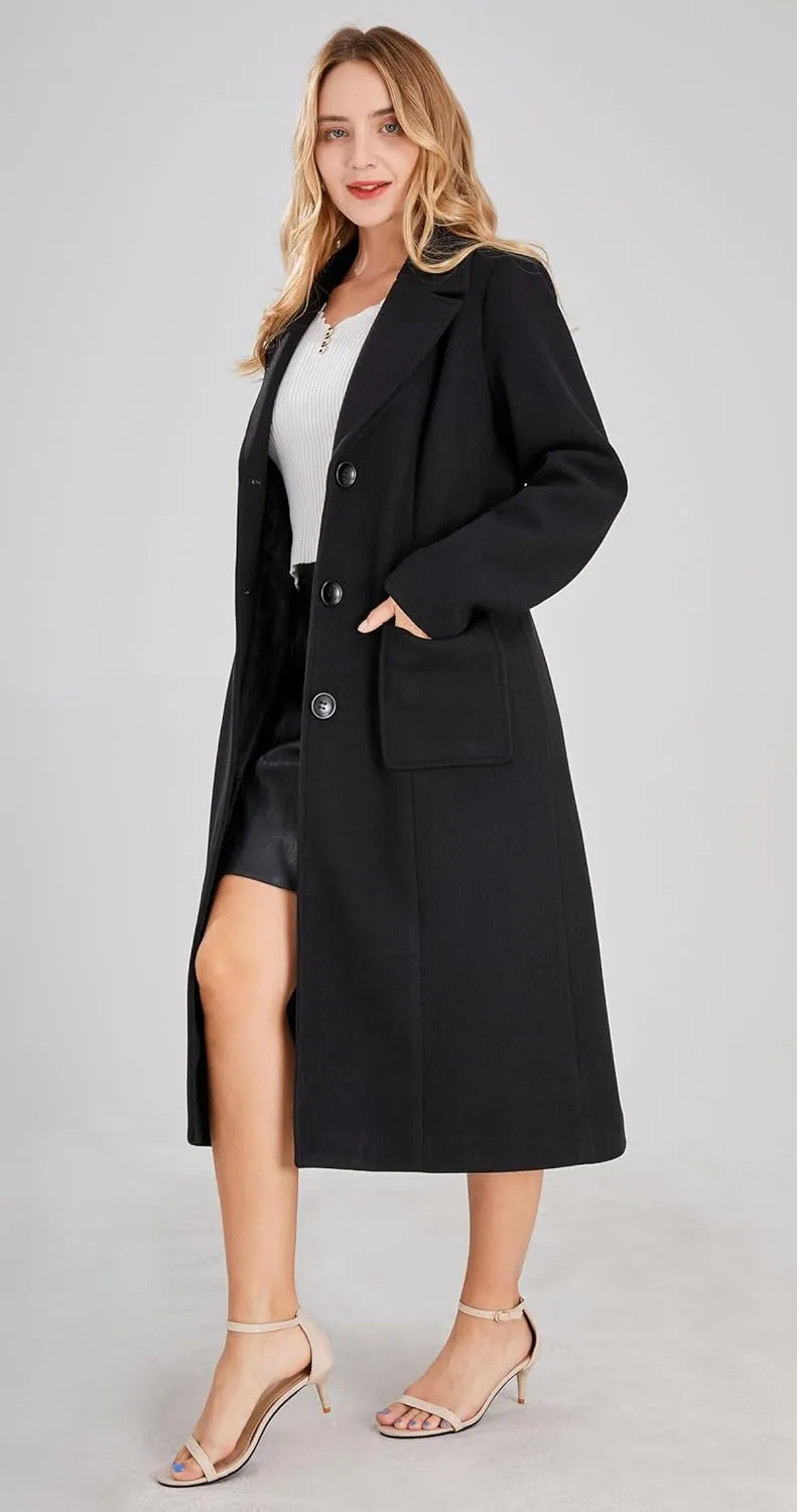 chouyatou Women's Big Notch Lapel Single Breasted Mid-Long Wool Blend Coat