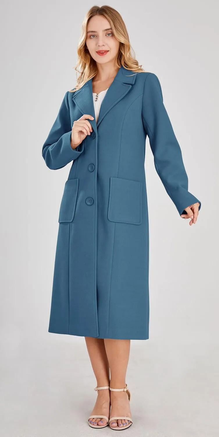 chouyatou Women's Big Notch Lapel Single Breasted Mid-Long Wool Blend Coat