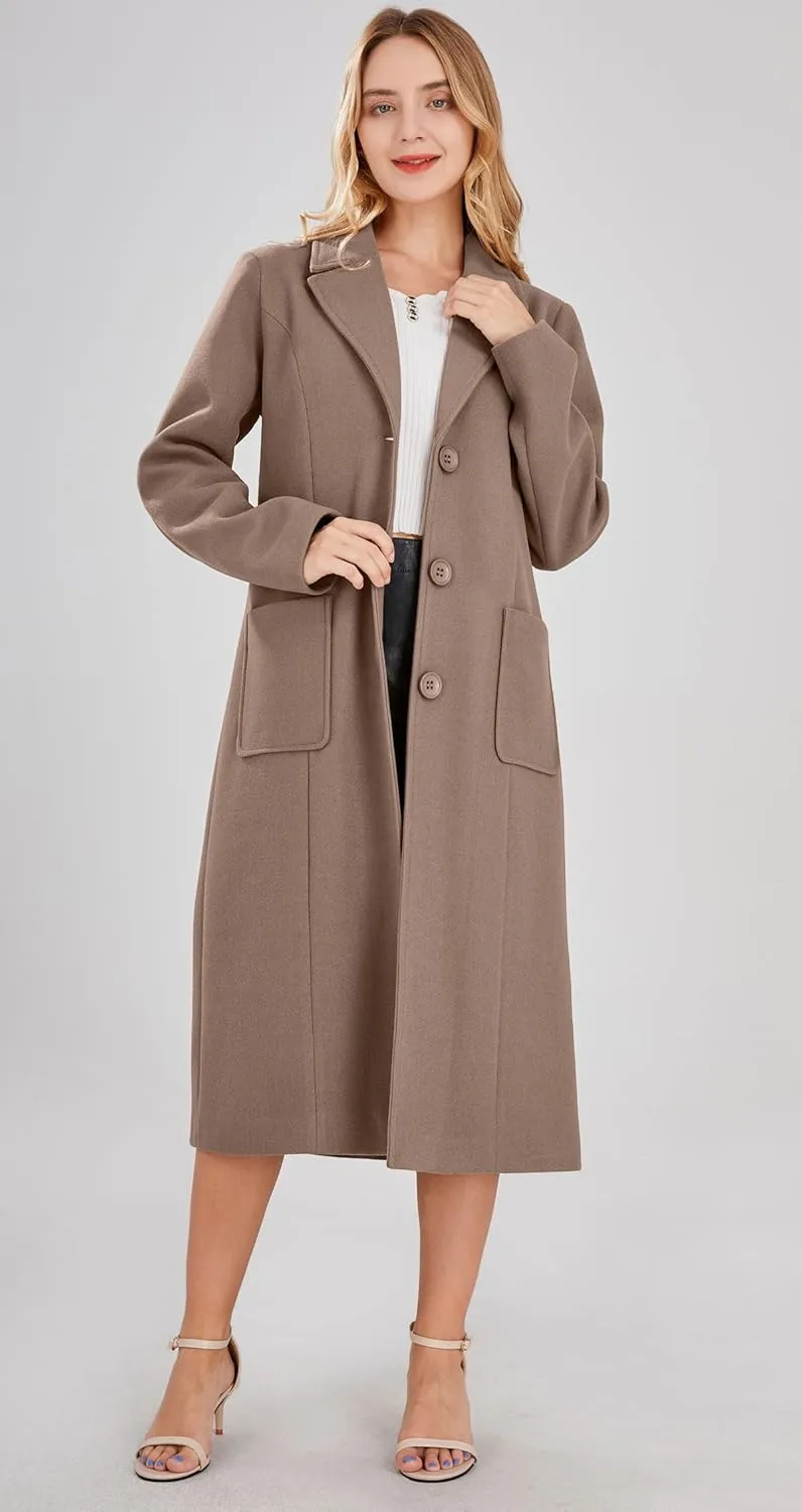 chouyatou Women's Big Notch Lapel Single Breasted Mid-Long Wool Blend Coat