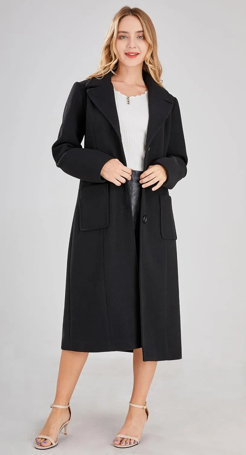 chouyatou Women's Big Notch Lapel Single Breasted Mid-Long Wool Blend Coat