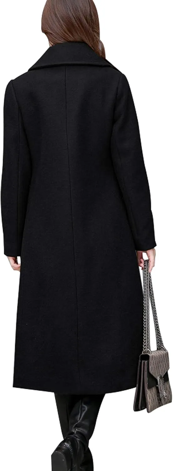 chouyatou Women's Big Notch Lapel Single Breasted Mid-Long Wool Blend Coat