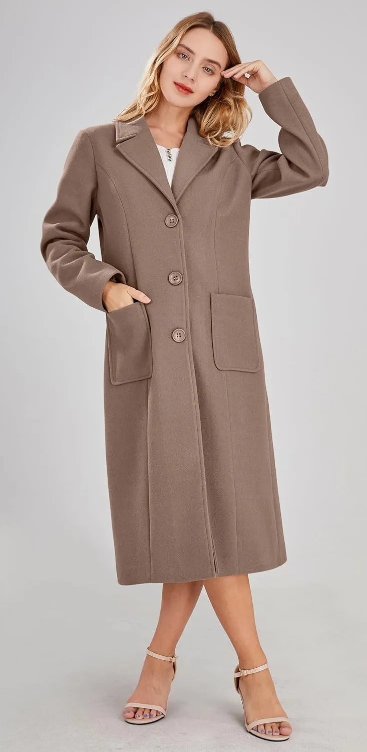 chouyatou Women's Big Notch Lapel Single Breasted Mid-Long Wool Blend Coat