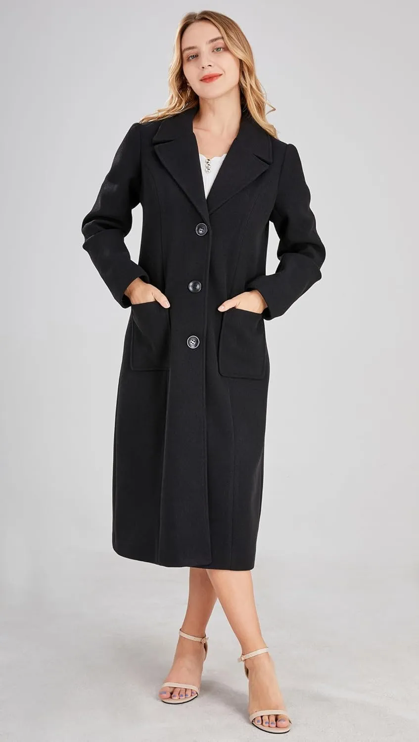 chouyatou Women's Big Notch Lapel Single Breasted Mid-Long Wool Blend Coat