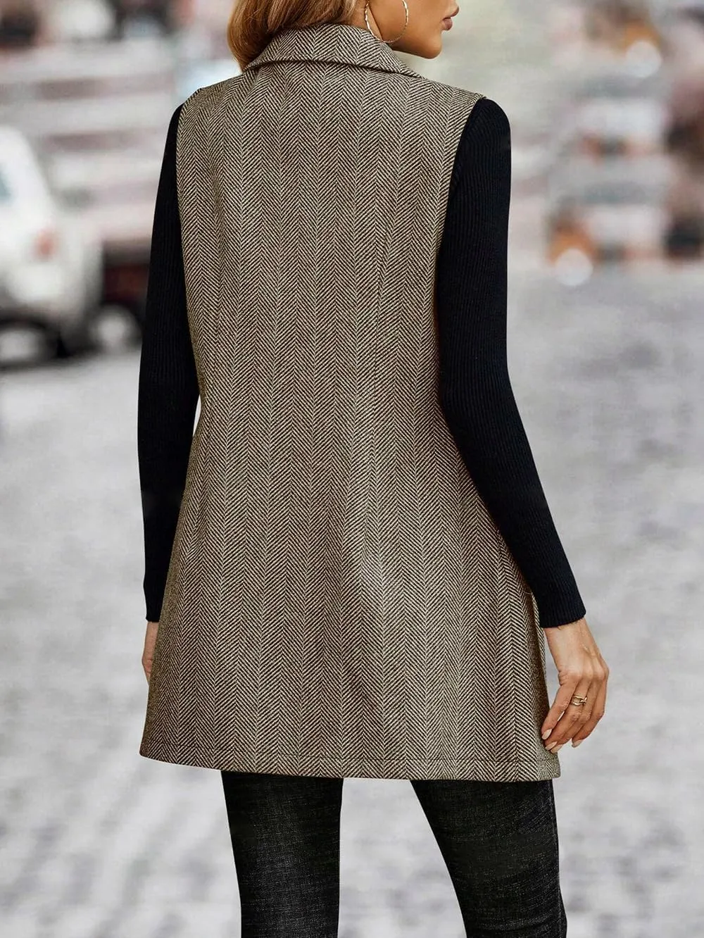 chouyatou Women's Casual Double Breasted Long Wool Vest Notched Lapel Sleeveless Wool Blend Trench Pea Coat