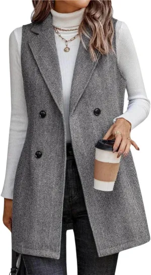 chouyatou Women's Casual Double Breasted Long Wool Vest Notched Lapel Sleeveless Wool Blend Trench Pea Coat
