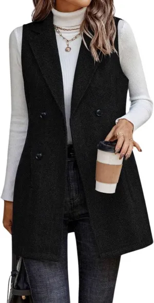 chouyatou Women's Casual Double Breasted Long Wool Vest Notched Lapel Sleeveless Wool Blend Trench Pea Coat